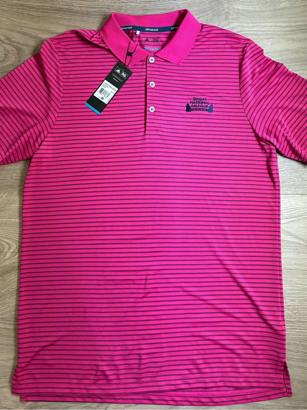 NWT Adidas Climacool Golf Polo Dallas National Golf Club Pink Blue Stripes